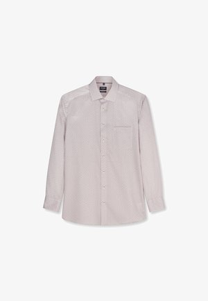 Overhemd met lange mouwen en knopen, met klein geometrisch patroon, spreidkraag en borstzak, plat weergegeven op een witte achtergrond.