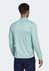 Vaalean mintunvihreä pitkähihainen urheilu paita, jossa on pystykaulus ja elastiset hihansuut, valmistettu sileästä ja hengittävästä kankaasta.