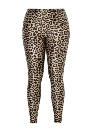Leggings mit durchgehendem Leopardenmuster in den Farbtönen Beige, Braun und Schwarz, vorne auf weißem Hintergrund dargestellt.