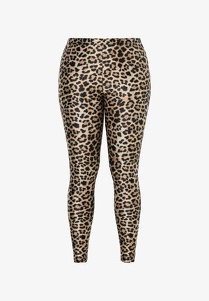 Leggings con estampado de leopardo en tonos marrón claro, marrón y negro, mostrados de frente sobre un fondo blanco.