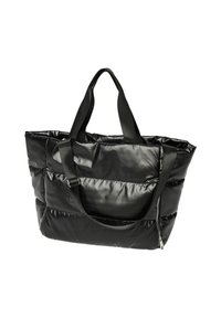 Sac fourre-tout noir rembourré avec une finition brillante. Comprend deux anses, une poche latérale zippée et un design matelassé pour plus de texture.