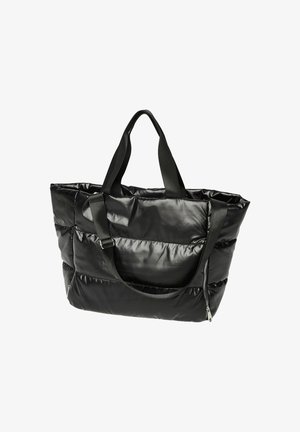 Sac fourre-tout noir rembourré avec une finition brillante. Comprend deux anses, une poche latérale zippée et un design matelassé pour plus de texture.