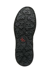 Suola di scarpa in gomma nera con un motivo testurizzato, caratterizzato da forme circolari e a croce per una migliore aderenza. Incluso il logo rosso "GRIP" e il marchio "GEOX".