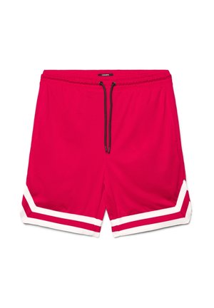 Pantaloncini sportivi rossi con elastico in vita, coulisse nera e strisce a chevron bianche e rosse sull'orlo.