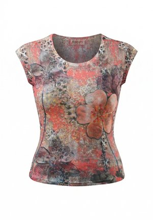 Top aderente a maniche corte con motivi floreali corallo, grigi e neri e macchie astratte, con scollo rotondo e scritta "YES ZEE".