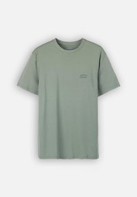 T-shirt en coton vert clair avec un col rond, des manches courtes et un petit logo Oxbow sur le côté gauche de la poitrine. Texture douce.