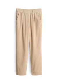 Beige strukturierte Hose mit einem elastischen Bund, Seitentaschen und einer lässigen Passform. Der Stoff hat ein dezentes, geripptes Muster.