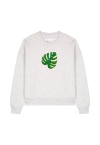 Hellgrauer Sweatshirt mit einem grünen Monstera-Blatt-Graphic auf der Vorderseite. Hergestellt aus weichem Material mit gerippten Bündchen und Saum.