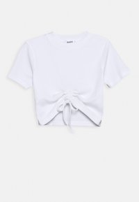 Vit, kortärmad t-shirt i ribbat tyg med en framdragningssnodd för justerbar passform. Enkelt design utan mönster.