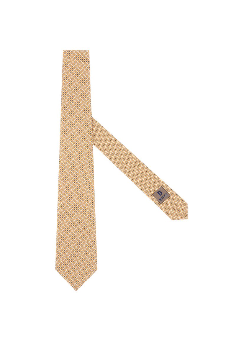 Cravate jaune avec un motif géométrique en orange et bleu. Texture lisse avec une pointe et une étiquette de marque près de l'extrémité étroite.