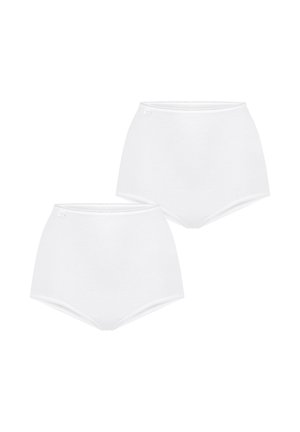 To enkle hvide højtaljede bomuldsboksershorts vist mod en hvid baggrund, med for- og skråt sideudsigt.