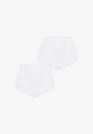 To enkle hvide højtaljede bomuldsboksershorts vist mod en hvid baggrund, med for- og skråt sideudsigt.