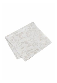 Florale Tischdecke in hellem Creme mit dezenten beigen Blättermustern, mit weicher Textur und ordentlich vernähten Kanten.