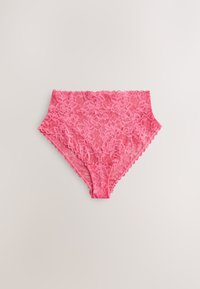 Pink high-waisted lace women's underwear with floral pattern, laid flat on a light neutral background.