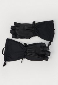 Manusi negre dintr-un material neted, impermeabil, cu o palmă texturată. Au o manșetă cu elastic și curele ajustabile.