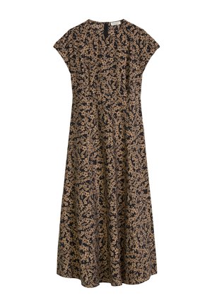 Black midi dress with tan floral and leaf print, short sleeves, round neckline, and slightly flared skirt.