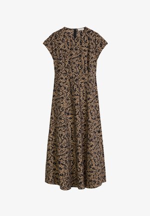 Zwarte midi-jurk met een bruine bloem- en bladprint, korte mouwen, ronde halslijn en licht uitlopende rok.