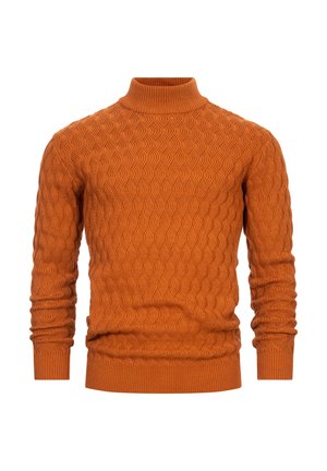 Maglione arancione lavorato a maglia con collo alto, caratterizzato da un motivo a onde testurizzato su tutta la superficie e polsini e orlo ribattuti.