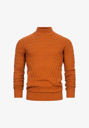 Orange, knitted sweater with a high neck, featuring a textured wave pattern throughout and ribbed cuffs and hem.
