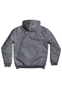 Veste grise à capuche avec manches longues, poignets et ceinture côtelés, vue de dos sur fond blanc.