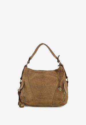 Brown leather handbag with zippers, soft texture, curved design, and a single strap. Features side pockets and subtle branding detail.