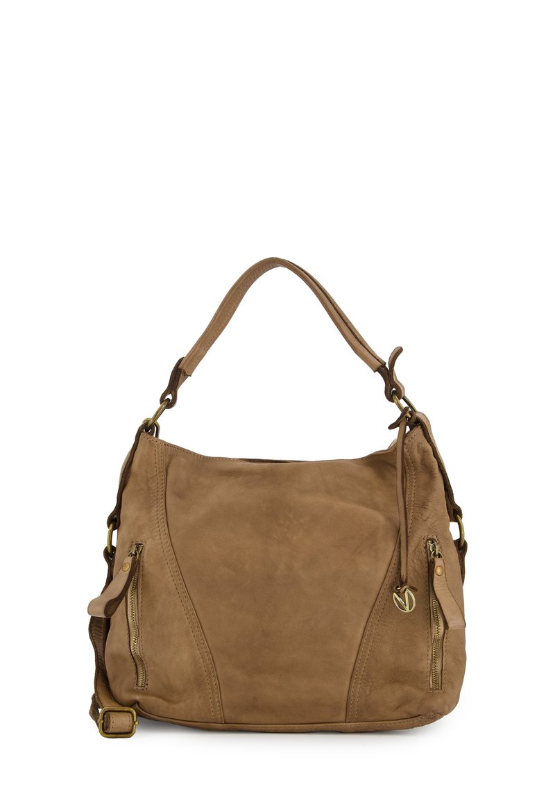 Brown leather handbag with zippers, soft texture, curved design, and a single strap. Features side pockets and subtle branding detail.
