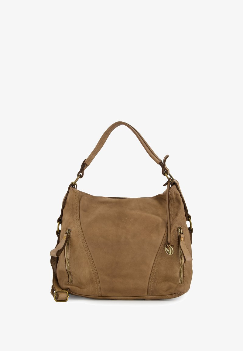 Sac à main en cuir brun avec des zippers, texture douce, design incurvé et une seule sangle. Comprend des poches latérales et un détail de branding discret.