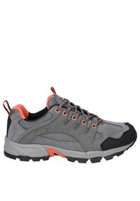 Gray waterproof hiking shoe with orange accents, textured fabric, synthetic overlays, and a reinforced black toe cap. Designed for durability and traction.
