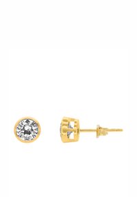 Orecchini a stud in oro con cubic zirconia chiaro e rotondo in una montatura circolare, con retro texturizzato e chiusura a perno.