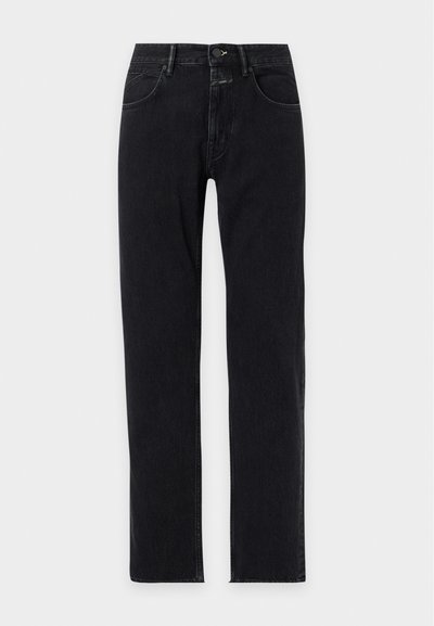 Jean noir à jambes droites avec poches avant, passants de ceinture et fermeture par bouton à la taille, présenté à plat sur fond blanc.