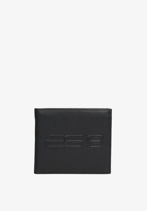 Czarny skórzany portfel z wytłoczonym logo "ES8" z przodu, o gładkim wykończeniu i prostokątnym kształcie. Brak widocznych elementów metalowych lub akcentów.