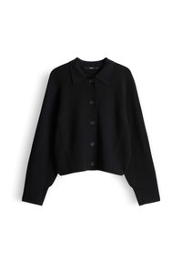 Schwarzer, kurz geschnittener Cardigan mit Kragen, sieben Knöpfen vorne und strukturiertem Stoff, mit Nahtdetails an den Ärmeln.