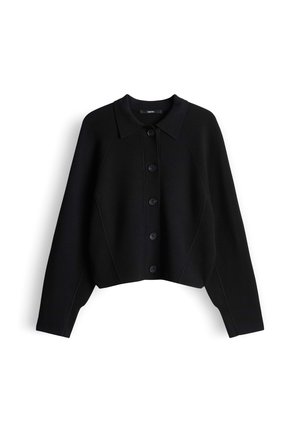 Schwarzer, kurz geschnittener Cardigan mit Kragen, sieben Knöpfen vorne und strukturiertem Stoff, mit Nahtdetails an den Ärmeln.