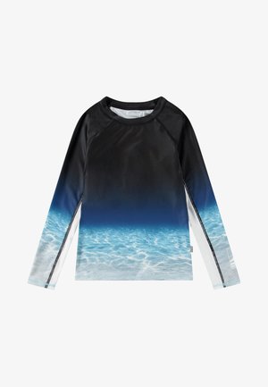 Long-sleeve swim shirt with a smooth, black upper and a blue gradient print resembling ocean waves; features flatlock seams and a crew neckline.