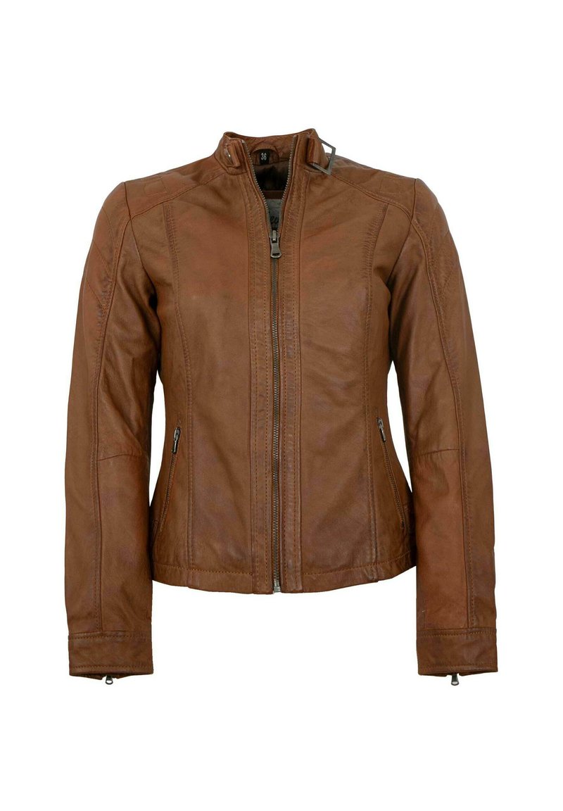 Brown leather jacket with a high collar, front zipper, and side pockets. Features vertical stitching and fitted sleeves.