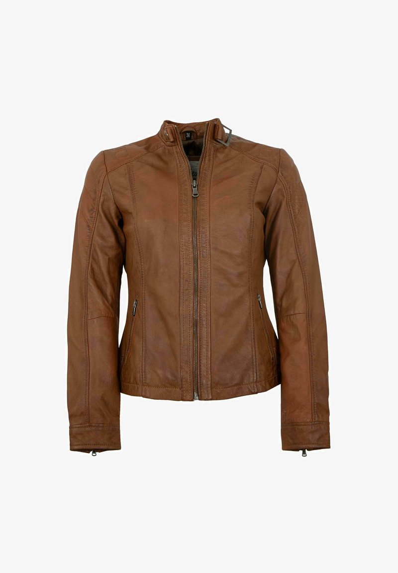 Brown leather jacket with a high collar, front zipper, and side pockets. Features vertical stitching and fitted sleeves.
