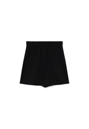 Pantaloni corti neri in tessuto morbido e leggero con vita elastica; design semplice, lunghezza fino a metà coscia, senza stampe né dettagli.
