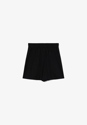 Pantaloni corti neri in tessuto morbido e leggero con vita elastica; design semplice, lunghezza fino a metà coscia, senza stampe né dettagli.
