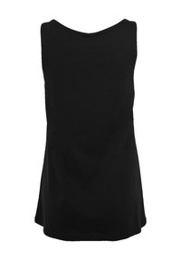 Schwarzes ärmelloses Tanktop mit rundem Ausschnitt, aus weichem Stoff gefertigt, mit geradem Schnitt und leicht ausgestelltem Saum.