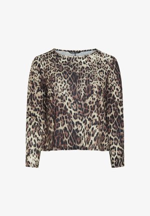 Langärmliges Oberteil mit Leopardenmuster, runder Halslinie, leichtem Stoff und relaxed Fit in Beigetönen, Braun und Schwarz.