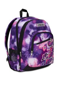 Zaino viola con un motivo a macchie di rosa e bianco. Presenta una tasca frontale, dettagli delle cerniere neri e una tasca laterale in rete.