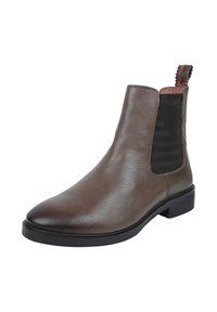 Brun læder Chelsea-støvle med elastiske sidestykker, spids tå, struktureret finish, sort gummisål og dekorativt tiltrækning bagpå.