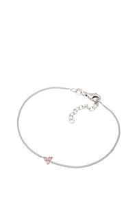 Silver chain bracelet featuring three pink gemstones arranged in a triangular pattern, with a lobster clasp and adjustable chain.