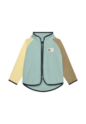 Leichte, mehrfarbige Fleecejacke mit Kapuze. Verfügt über einen mintgrünen Körper, gelbe und braune Ärmel, Reißverschluss und ein kleines Logo-Patch.