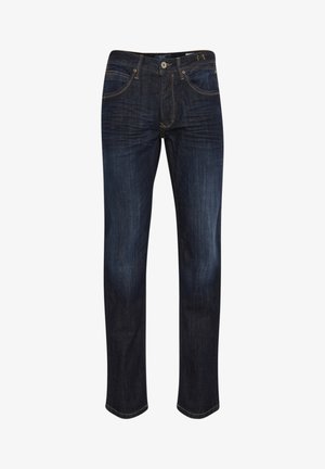 Sötétkék farmernadrág egyenes lábbal, öt zsebbel, arany cérnázással és sima felülettel. Gombos záródás a deréknál.