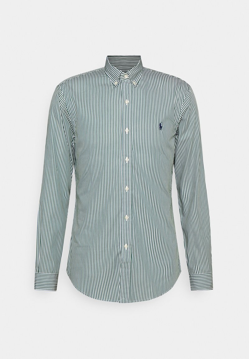 Koszula w paski w zielono-białym kolorze, z klasycznym kołnierzem, długimi rękawami i małym haftowanym logo na piersi.