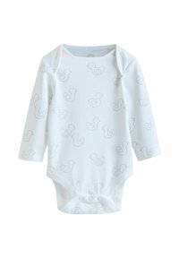 White long-sleeve onesie with a repeating light gray duck pattern. Soft cotton material, rounded neckline, and snap button closures at the bottom.