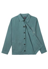 Teal button-up jacket made of textured fabric with a collar, frontal pocket, and five black buttons. Sleeve has adjustable cuff detail.