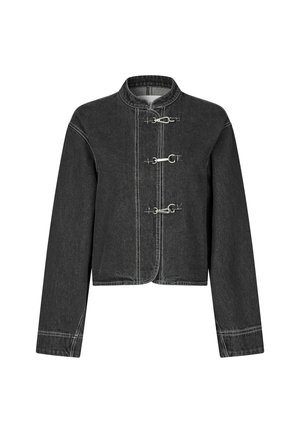 Black cropped jacket with long sleeves, stand collar, white contrast stitching, and three silver hook-and-eye closures down the front.