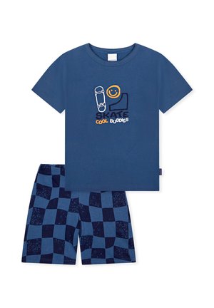 Blaues Kurzarmhemd mit Skateboard, Smiley und dem Text "Skate Cool Buddies", kombiniert mit blau karierten Shorts.